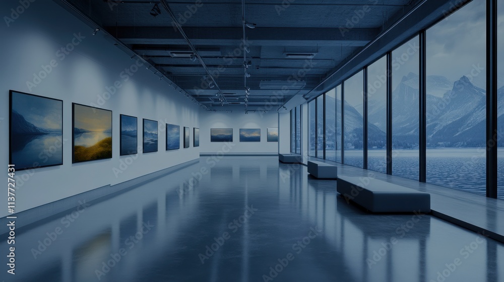 Modern Art Gallery Interior with Scenic Mountain View and Reflective Floor Modern Art Gallery Interior with Scenic Mountain View and Reflective Floor