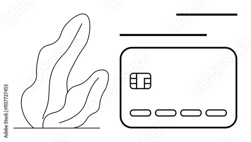 Credit card beside abstract leaf shape, with lines suggesting motion. Ideal for finance, technology, nature, eco-friendly, digital banking, modern design branding. Line metaphor