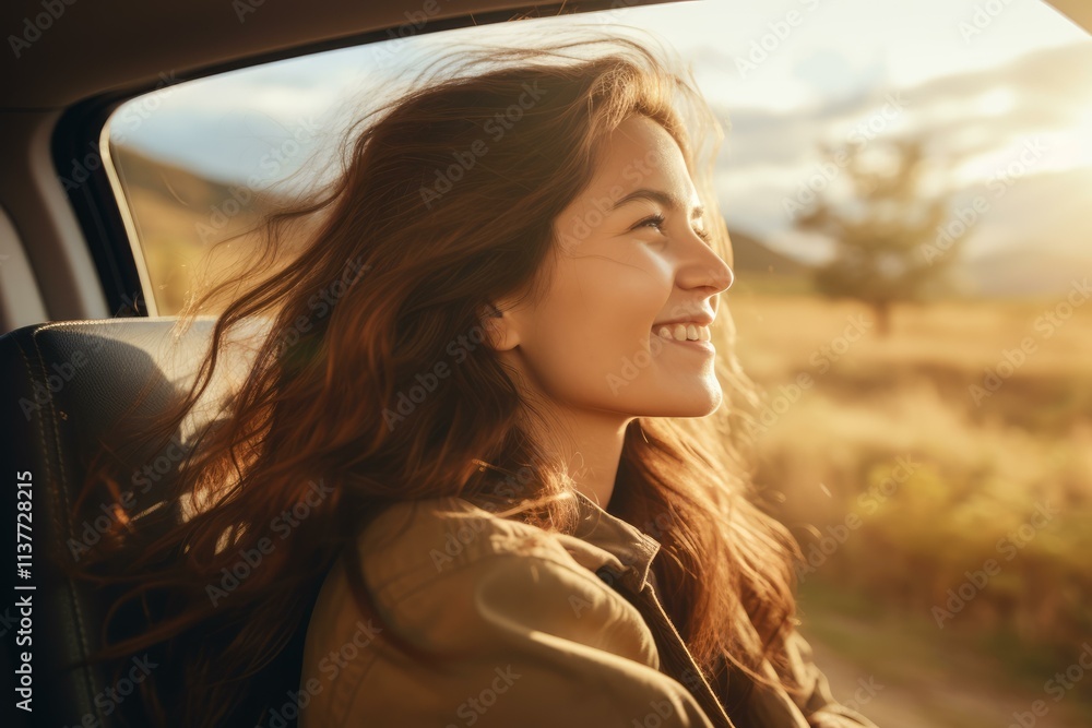 Young woman enjoying a scenic car ride at sunset with hair blowing in wind Young woman enjoying a scenic car ride at sunset with hair blowing in wind