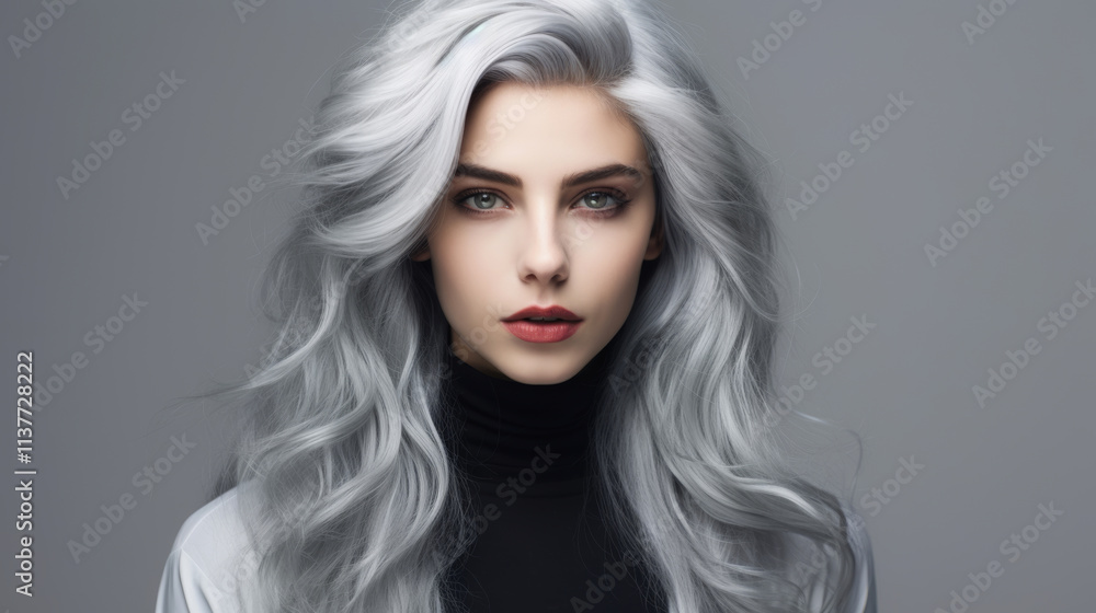 Portrait of a beautiful young woman with long wavy gray hair. Portrait of a beautiful young woman with long wavy gray hair.