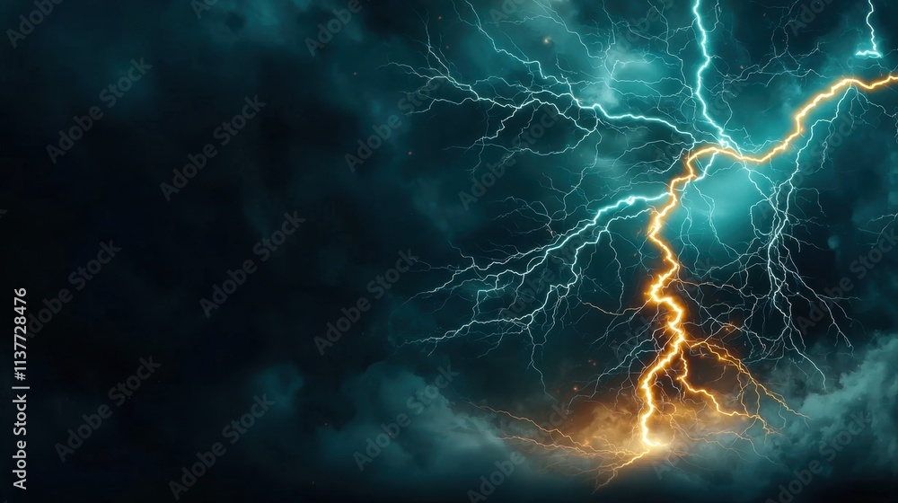 Obraz premium An abstract composition of swirling cyan lightning bolts merging with vibrant electrical plasma against a dark background, creating a mesmerizing display of energy and power.