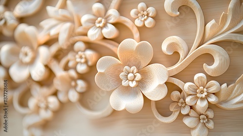 Intricate floral wood carving showcasing detailed craftsmanship and design. photo