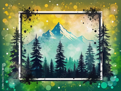 Monochrome Mountain Silhouette Grunge Art: Bokeh Forest Ink Illustration, Distressed Square Frame