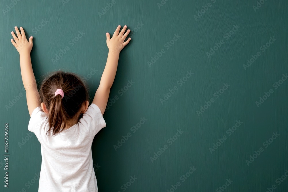 PM 2.5 fine dust concept. A young child reaches up to a dark green wall, showing curiosity and innocence, with hands placed on the surface. PM 2.5 fine dust concept. A young child reaches up to a dark green wall, showing curiosity and innocence, with hands placed on the surface.