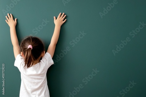 PM 2.5 fine dust concept. A young child reaches up to a dark green wall, showing curiosity and innocence, with hands placed on the surface.