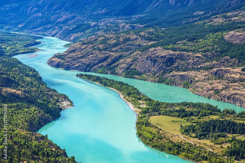 Aerial view of a turquoise river winding through rocky mountains in British Columbia. AI generated illustration Aerial view of a turquoise river winding through rocky mountains in British Columbia. AI generated illustration