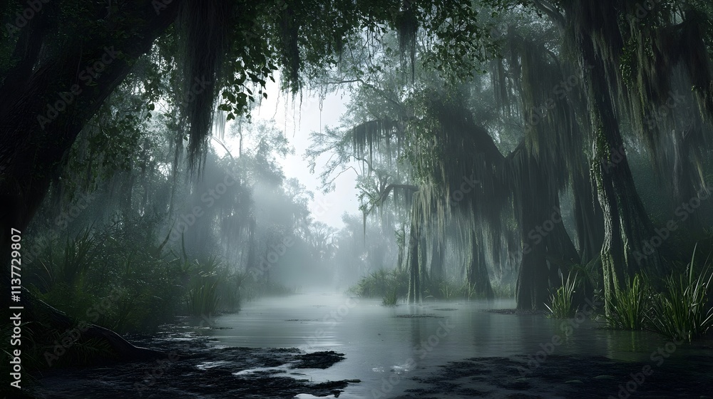 A photo of a misty swamp with cypress trees rising from still water, and hanging Spanish moss creating an eerie atmosphere. A photo of a misty swamp with cypress trees rising from still water, and hanging Spanish moss creating an eerie atmosphere.