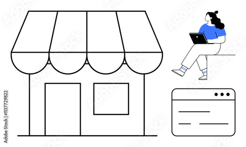 Shopfront with awning, person working on a laptop, and web interface icon. Ideal for e-commerce, online retail, small business, entrepreneurship, digital marketing, remote work, startup