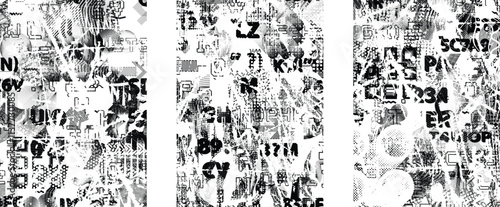 Set of glitch distorted grunge overlay textures. Collection of overlaying textures with halftone dots, scratches and lines .Screen print vector layers pack. Overlays with grunge textured surface

