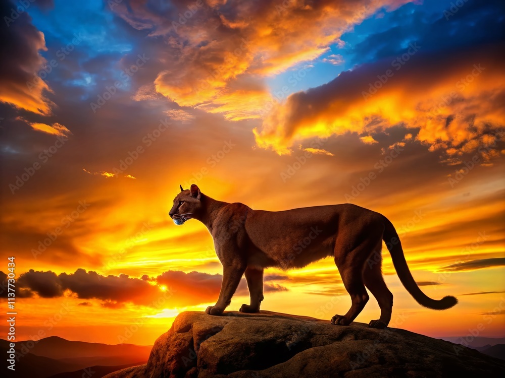 Fototapeta premium Mountain Lion Silhouette Photography: Majestic Cougar Profile, Wildcat Shadow, Big Cat Silhouette, Feline Shadow, Night Vision Wildlife