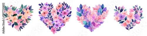 Valentine A collection of watercolor heart shapes filled with colorful flowers and leaves, perfect for romantic and decorative designs.