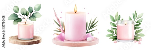 Valentine A serene collection of soft pink candles adorned with lush greenery, perfect for creating a calming atmosphere.
