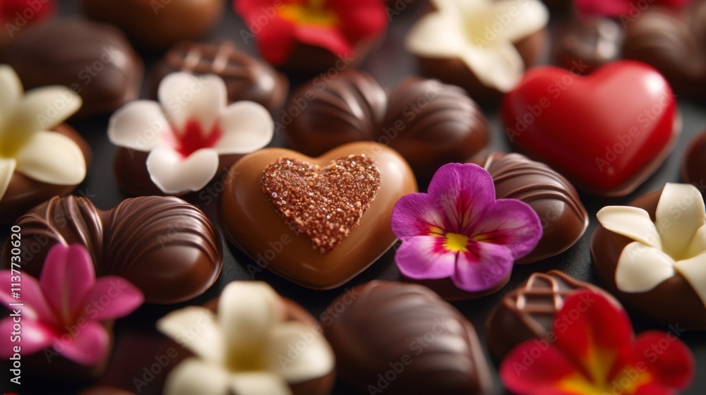 Fototapeta premium Assorted Chocolate Candies Decorated With Flowers