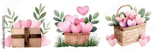 Valentine Charming collection of pink hearts in gift box and basket, adorned with leaves for a romantic or festive theme.
