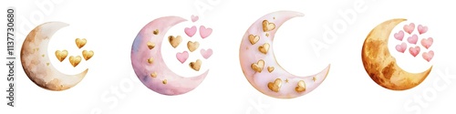 Valentine Charming moon illustrations with hearts, perfect for romantic themes and dreamy designs. Ideal for cards and crafts.