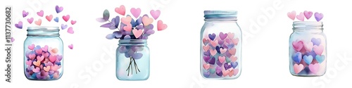Valentine Charming jars filled with colorful hearts and flowers, perfect for expressing love and creativity in decoration.