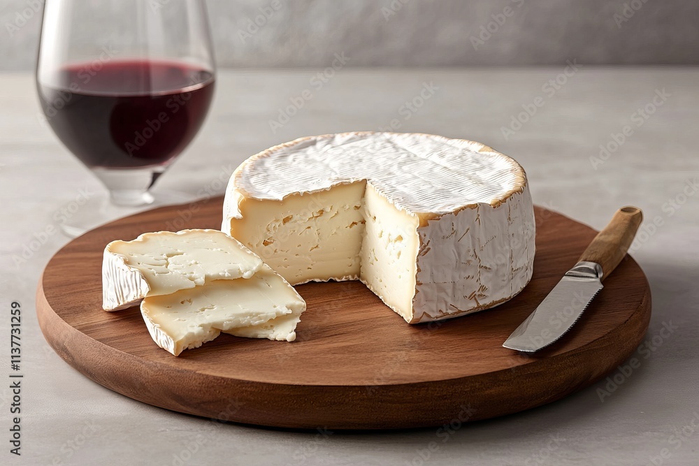 Gourmet cheese and wine arrangement on a wooden board with natural lighting. AI generated illustration Gourmet cheese and wine arrangement on a wooden board with natural lighting. AI generated illustration