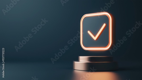 Glowing checkmark icon on a pedestal in a dark background.