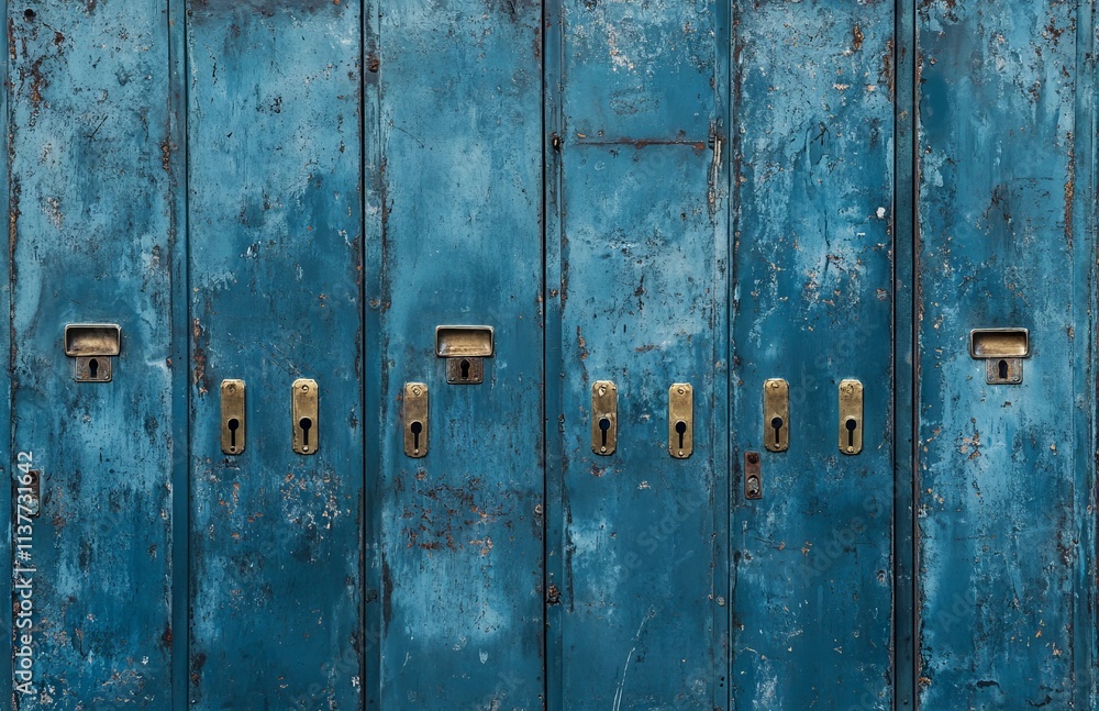Blue high school lockers with brass locks, perfect for back-to-school themes. AI generated illustration Blue high school lockers with brass locks, perfect for back-to-school themes. AI generated illustration