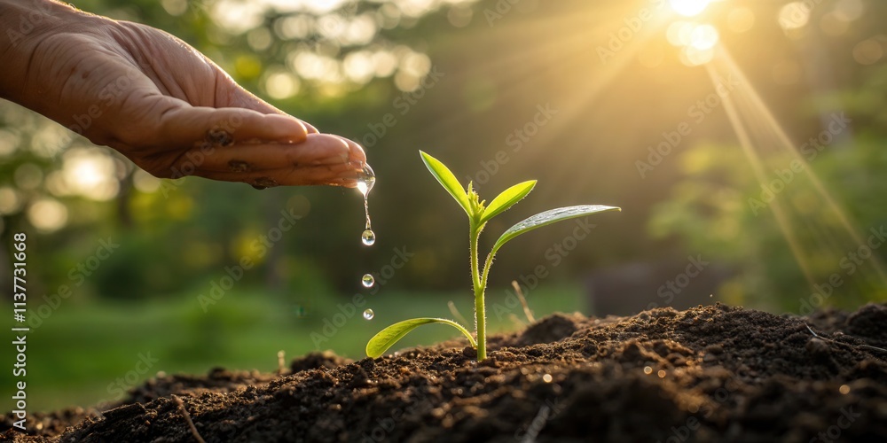 Fototapeta premium Hand Watering Young Green Plant in Soil at Sunrise
