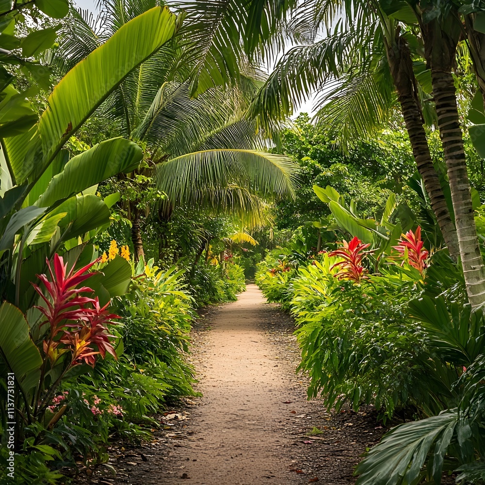 lush jungle path surrounded by towering palms and brightly colored tropical flowers. lush jungle path surrounded by towering palms and brightly colored tropical flowers.