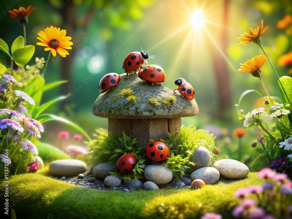 Vibrant Stone with Ladybug Family in a Colorful Garden Setting, Showcasing Nature's Beauty and the Delicate Balance of Wildlife and Flora in a Serene Outdoor Environment Vibrant Stone with Ladybug Family in a Colorful Garden Setting, Showcasing Nature's Beauty and the Delicate Balance of Wildlife and Flora in a Serene Outdoor Environment