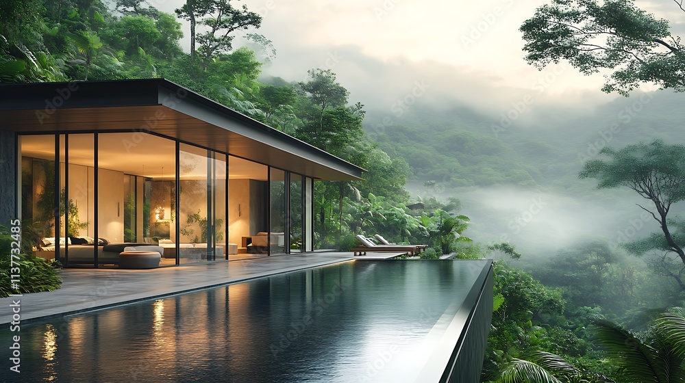 A luxurious villa with an infinity pool seamlessly blending into a lush rainforest valley, sleek modern architecture with large glass facades, vibrant green surroundings, soft mist over the jungle, A luxurious villa with an infinity pool seamlessly blending into a lush rainforest valley, sleek modern architecture with large glass facades, vibrant green surroundings, soft mist over the jungle,
