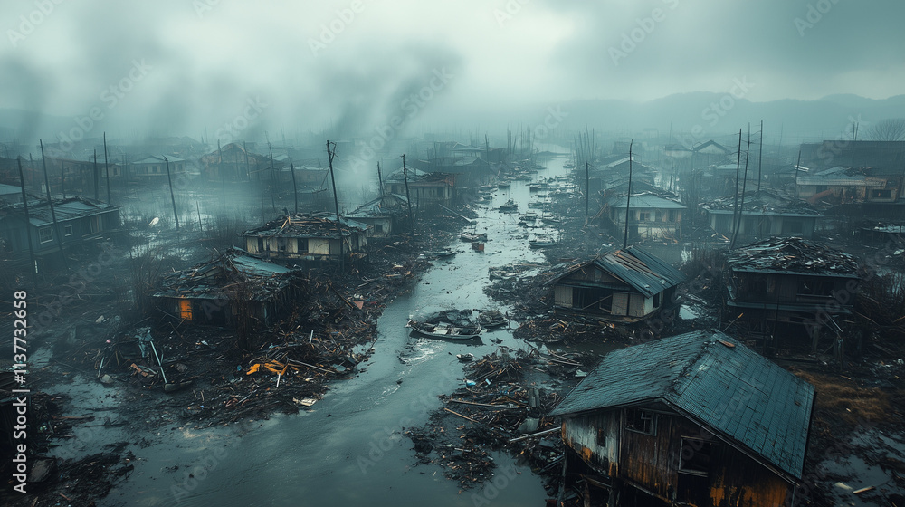 Fototapeta premium Aerial view of coastal town natural disaster after hurricane, storm destruction chaos loss aftermath with uprooted trees, destroyed buildings, and road debris scattered across the landscape