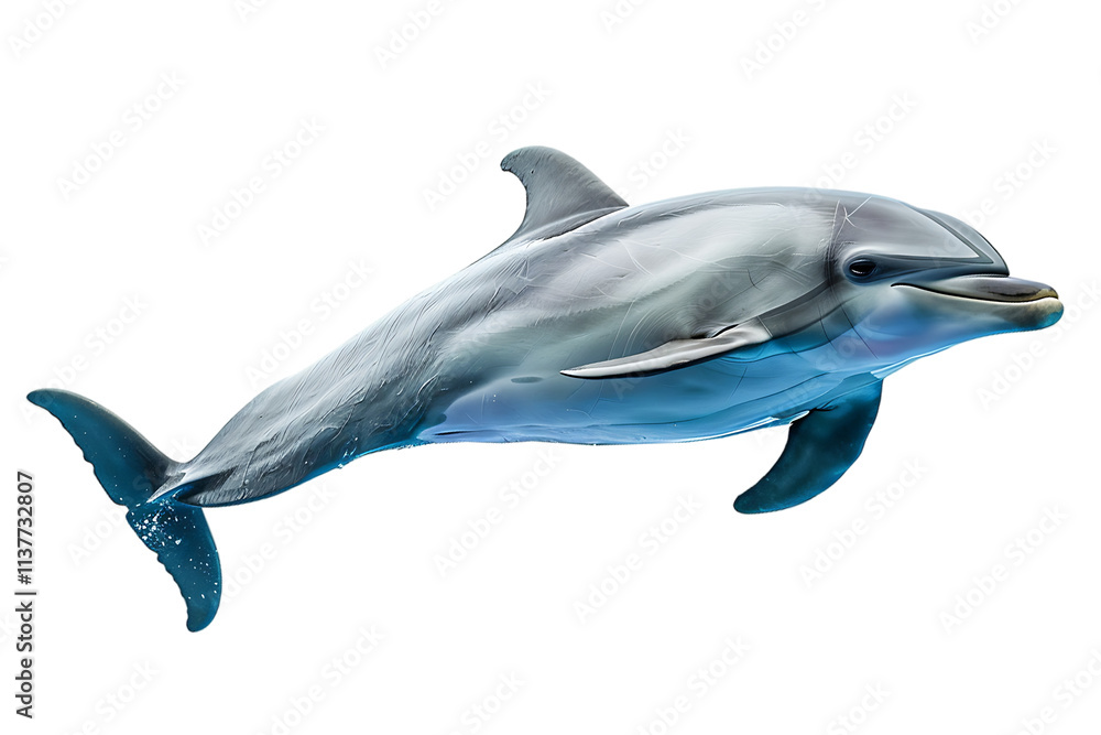 Obraz premium Graceful bottlenose dolphin swims mid-air, captured as a cutout against a plain transparent background for marine conservation graphics.