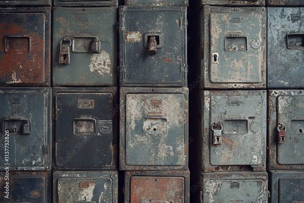 Close-up of old metal lockers with locks in an industrial setting. AI generated illustration Close-up of old metal lockers with locks in an industrial setting. AI generated illustration