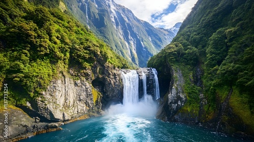 dramatic glacier-fed waterfall surrounded by rugged cliffs and lush vegetation photo