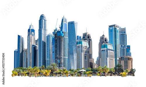 Majestic futuristic skyline of urban downtown skyscrapers, isolated on transparent white photo