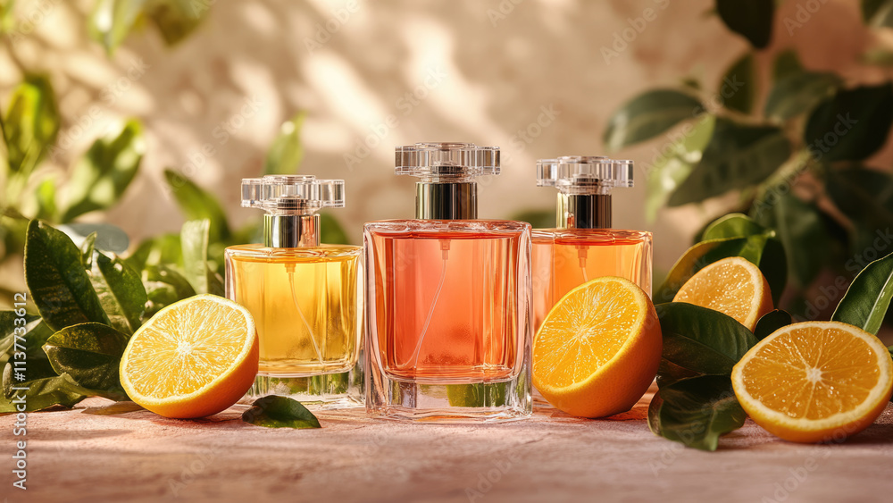 Assorted Perfume Bottles with Fresh Citrus Fruits and Green Leaves Assorted Perfume Bottles with Fresh Citrus Fruits and Green Leaves