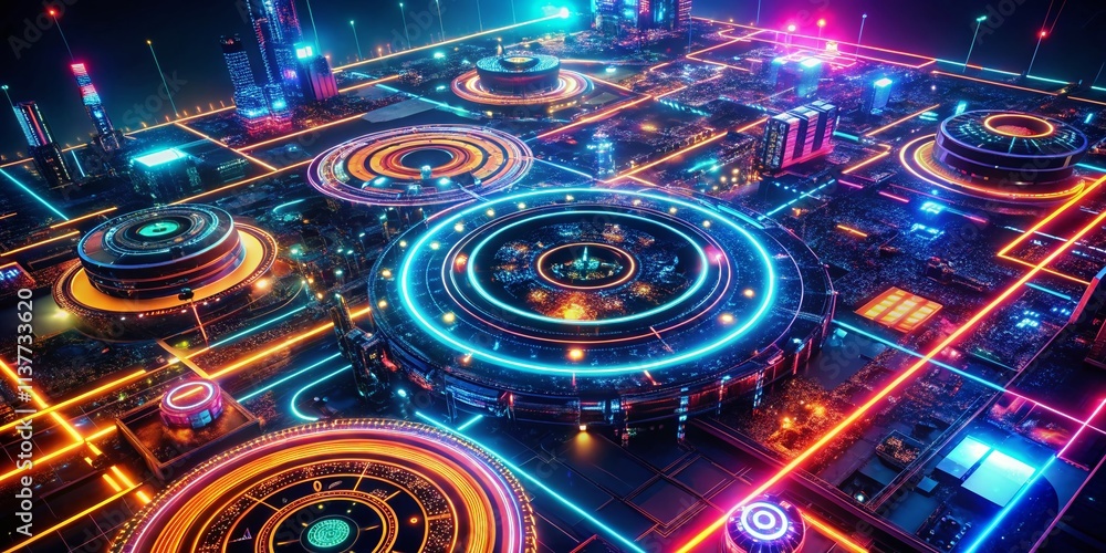 Neon Circles Drone Photography Dark Wallpaper - Futuristic Tech Background Image Neon Circles Drone Photography Dark Wallpaper - Futuristic Tech Background Image