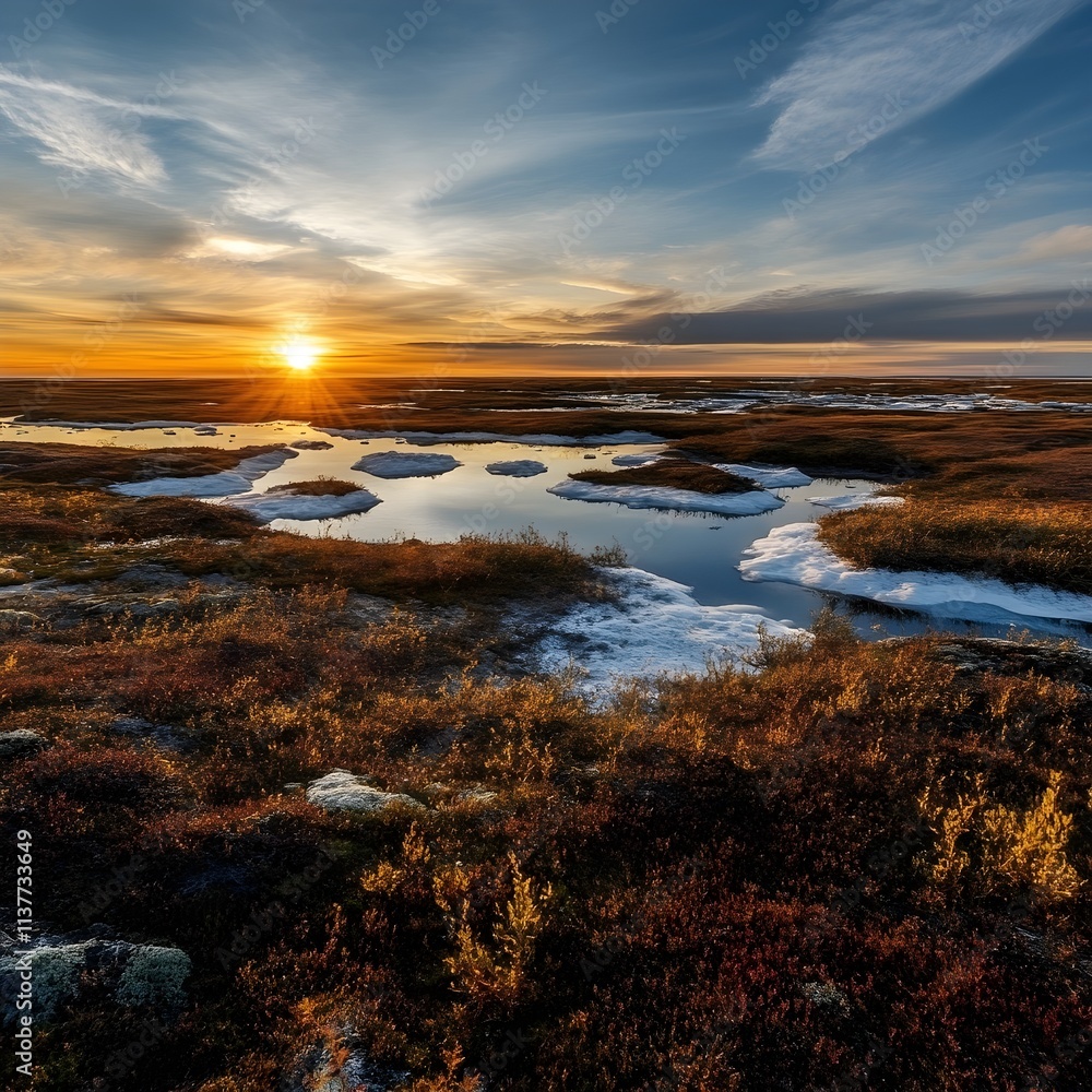 dramatic arctic tundra with patches of ice, low-growing vegetation, and a golden polar sunset. dramatic arctic tundra with patches of ice, low-growing vegetation, and a golden polar sunset.