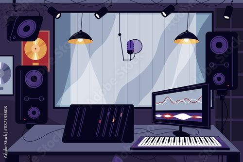 Recording studio interior or music record equipment. Vector music production space with advanced audio items. Professional microphone, mixer and control console. Sound and musical session, vocal