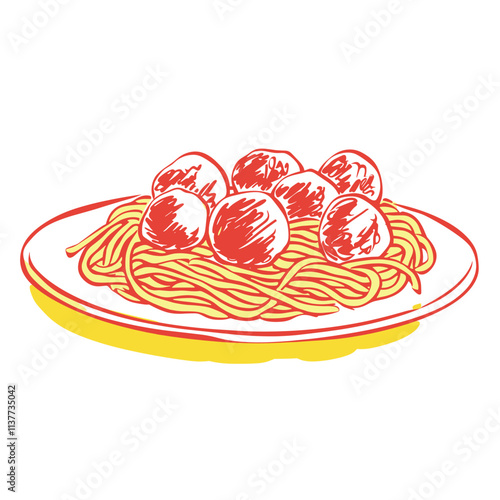 Cartoon spaghetti and meatballs on plate, bold lines.