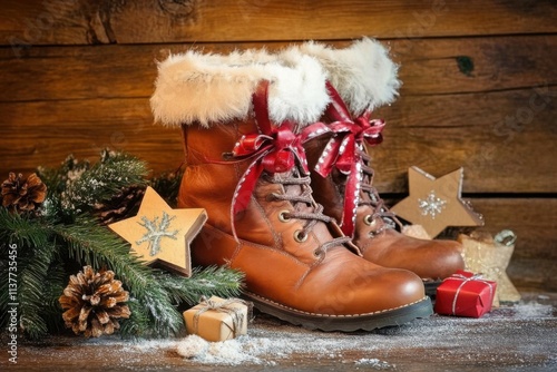 Nikolaus  -  Lederstiefel mit Geschenken vor Holz Hintergrund photo