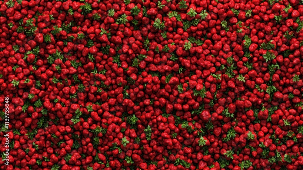 Overhead view of many red strawberries and green leaves. Overhead view of many red strawberries and green leaves.