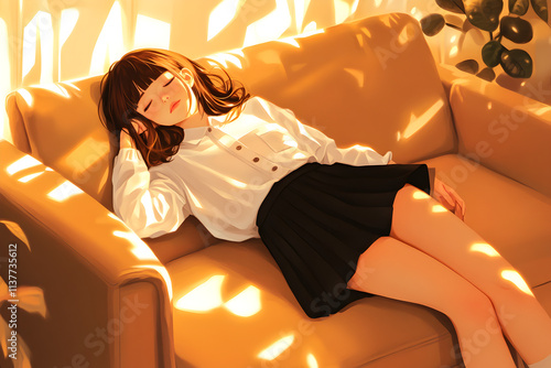 A serene scene of a young woman peacefully napping on a couch in soft, warm lighting, anime illustration photo