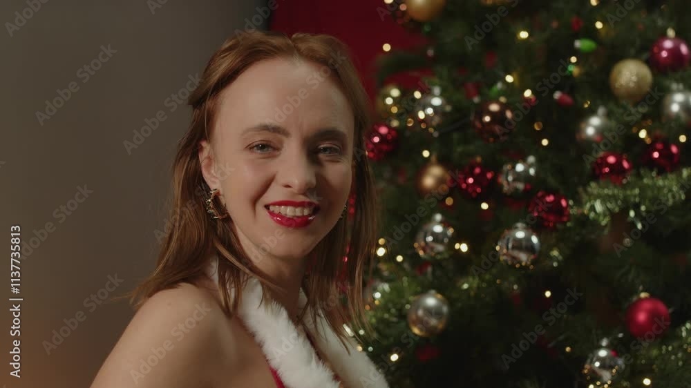 A beautiful young woman in front of decorated Christmas tree turns her head to the camera and smiles A beautiful young woman in front of decorated Christmas tree turns her head to the camera and smiles
