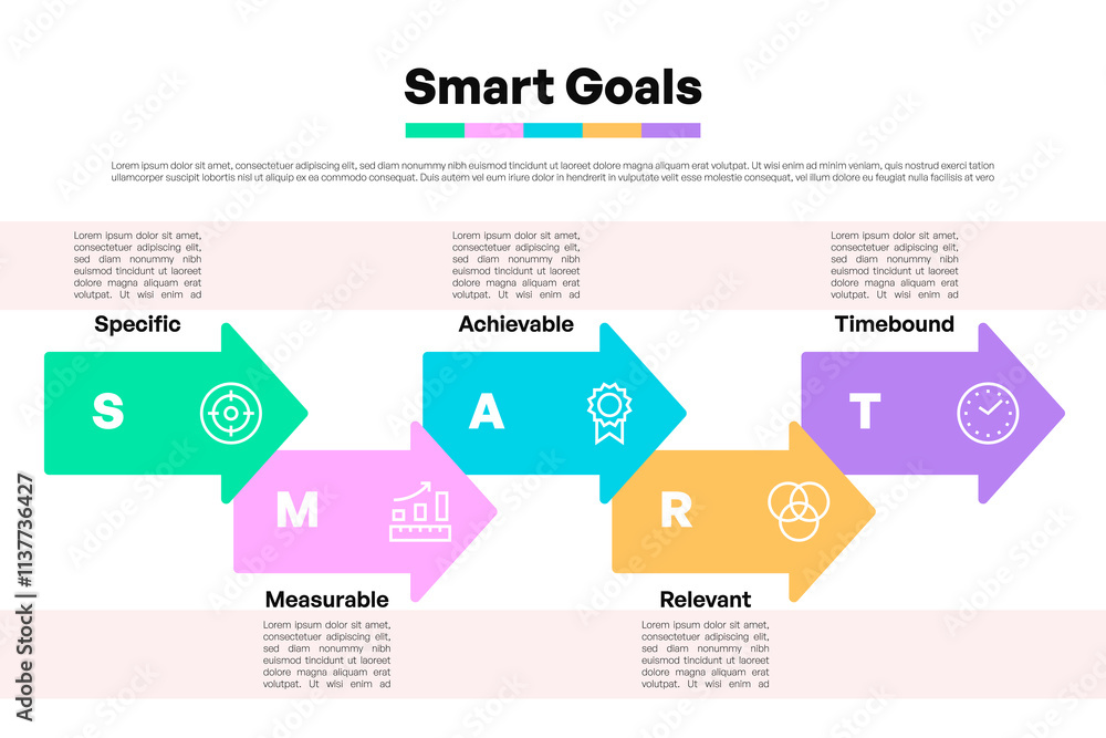 SMART Goals Infographic with Colorful Arrows and Icons for Project Management SMART Goals Infographic with Colorful Arrows and Icons for Project Management