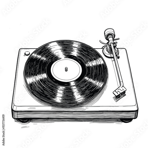 Detailed black and white turntable with vinyl record.