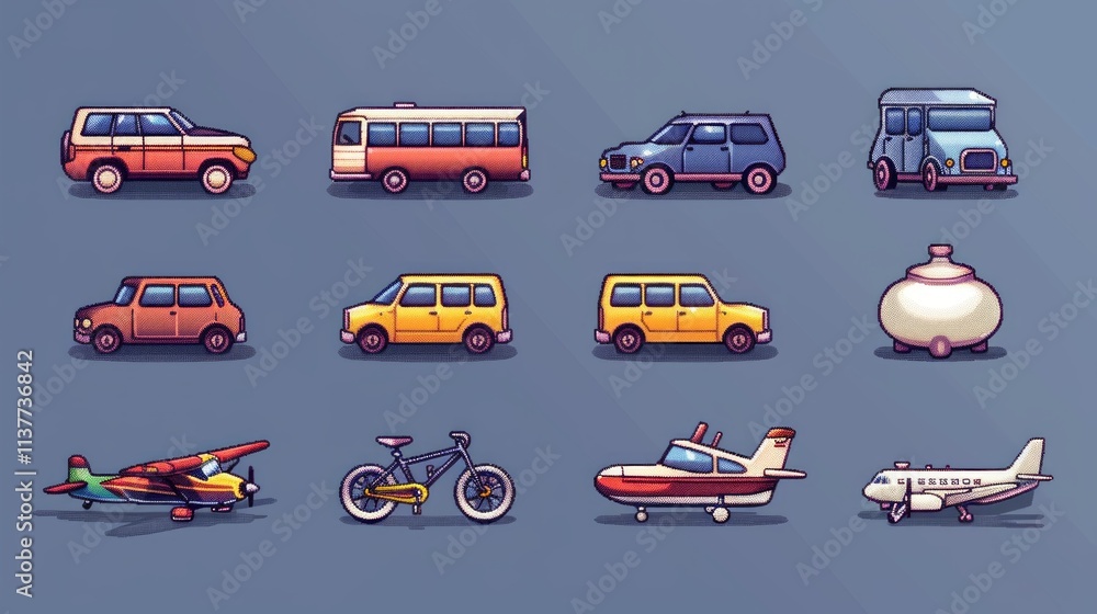 Naklejka premium Create a series of pixel-style transportation icons, featuring cars, bicycles, airplanes, and boats.