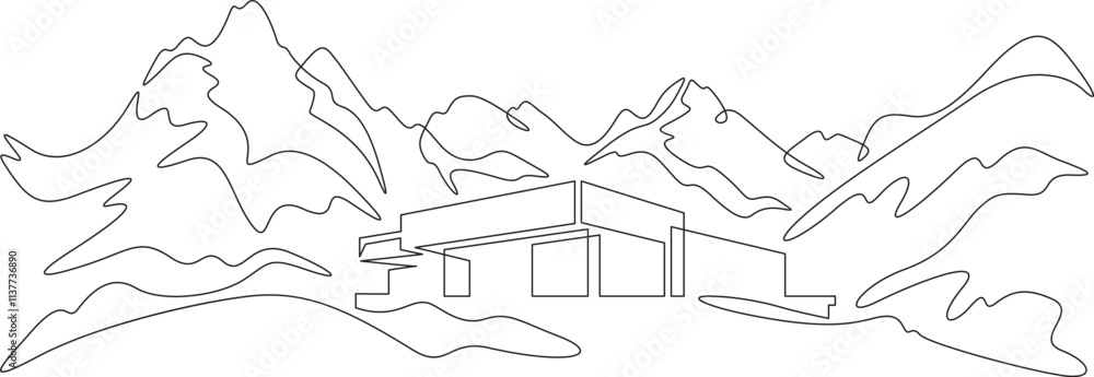 Continuous one line drawing small house on a hill. Modern house against the backdrop of mountains. Mountain landscape. Panorama.One continuous line isolated minimal illustration.Not AI. Continuous one line drawing small house on a hill. Modern house against the backdrop of mountains. Mountain landscape. Panorama.One continuous line isolated minimal illustration.Not AI.
