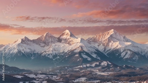 sunrise over the mountains, A panoramic view of a majestic mountain range blanketed in snow, with soft pink