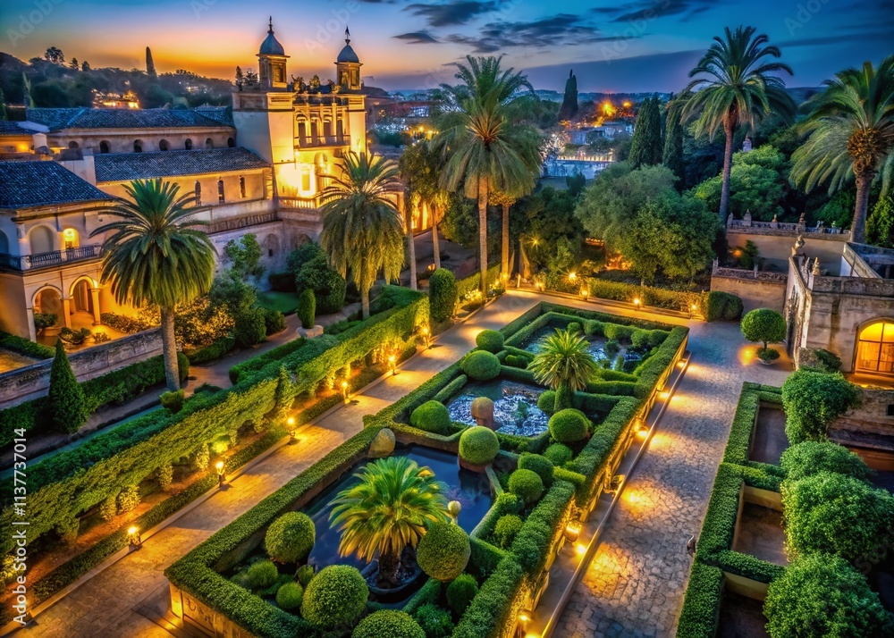 Naklejka premium Night Alcazar Gardens: Magical Moonlight Illumination, Seville Spain Photography