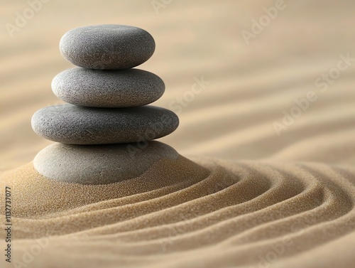 Stack of four grey stones on a sand mound with raked lines. photo