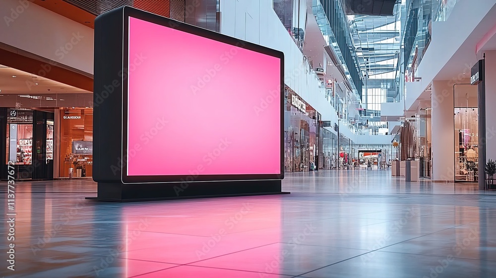 A large digital billboard stands in the middle of an empty shopping mall, displaying bright pink and orange colors. A large digital billboard stands in the middle of an empty shopping mall, displaying bright pink and orange colors.