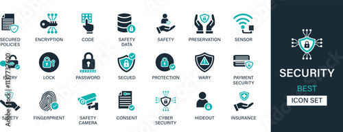 Security icon set collection. Secured policies, encryption, code, safety data, preservation, sensor, entry, lock, wary, insurance and best solid icon set.